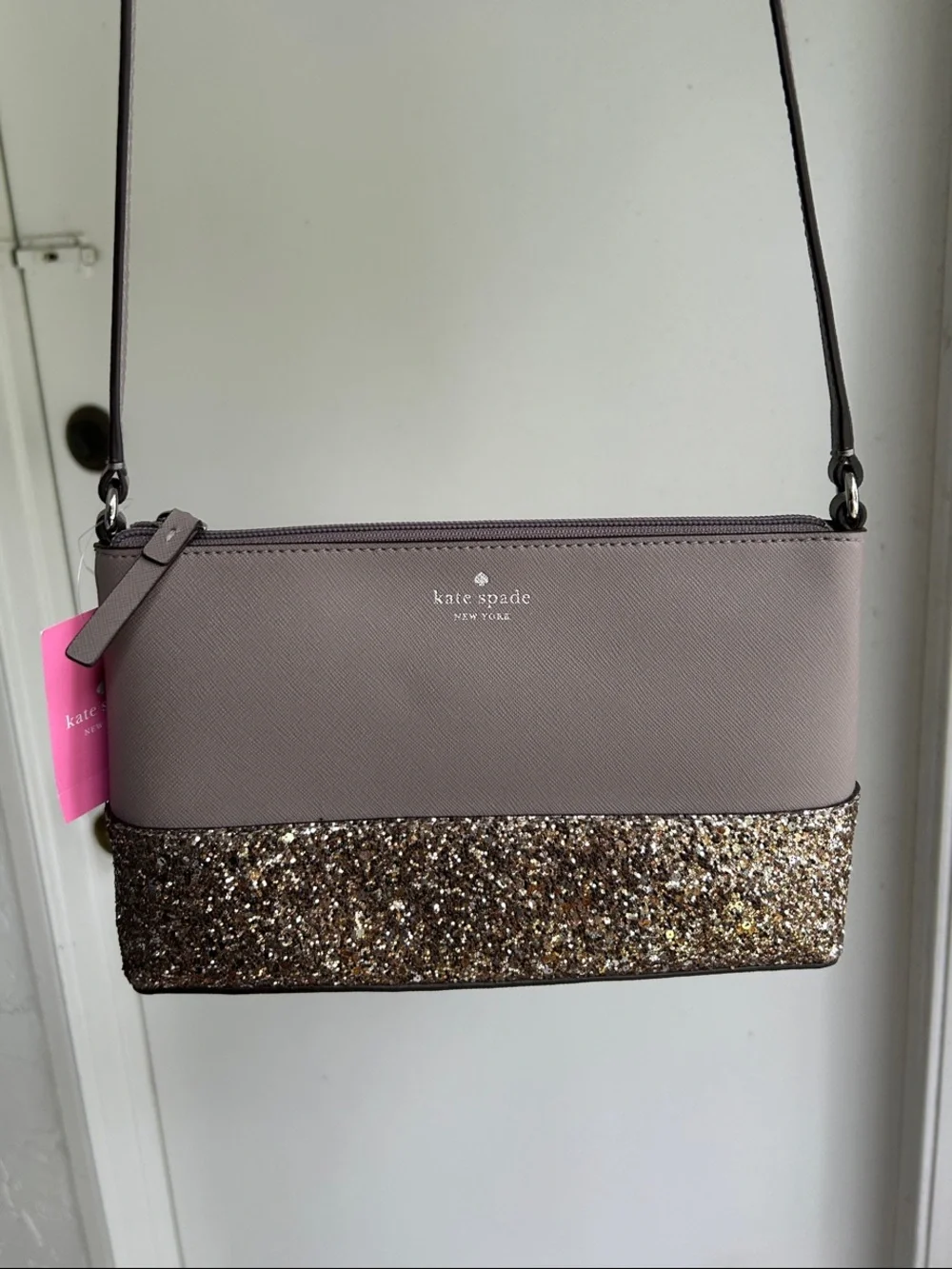 kate spade Taupe Crossbody with Gold Glitter Base